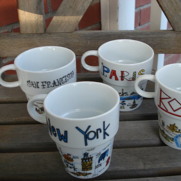 WORLD MARKET STACKING COFFEE MUGS SET OF 4 CITIES AROUND THE WORLD - Picture 2 of 4